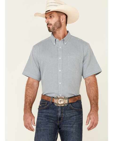 Cody James Core Men's Clovis Dobby Geo Print Short Sleeve Button Down Western Shirt , Blue, hi-res