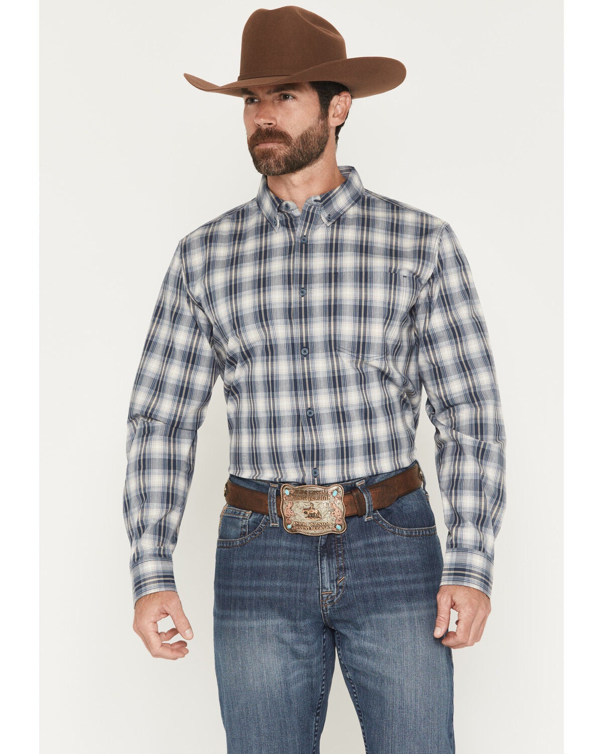 Cody James Men's Tennessee Trail Plaid Print Long Sleeve Button-Down Stretch Western Shirt, Blue, hi-res