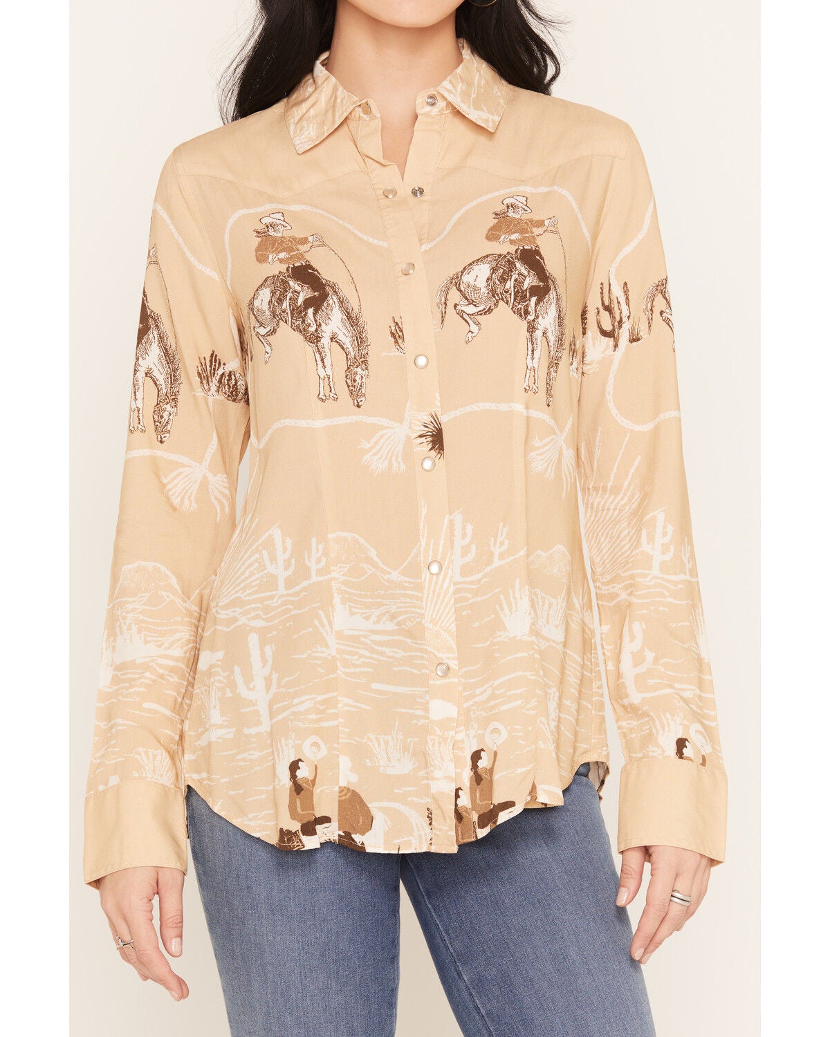 Image #3 - Lovlei Ranch Women's Cheyenne Cowboy Up Long Sleeve Pearl Snap Western Shirt, Tan, hi-res