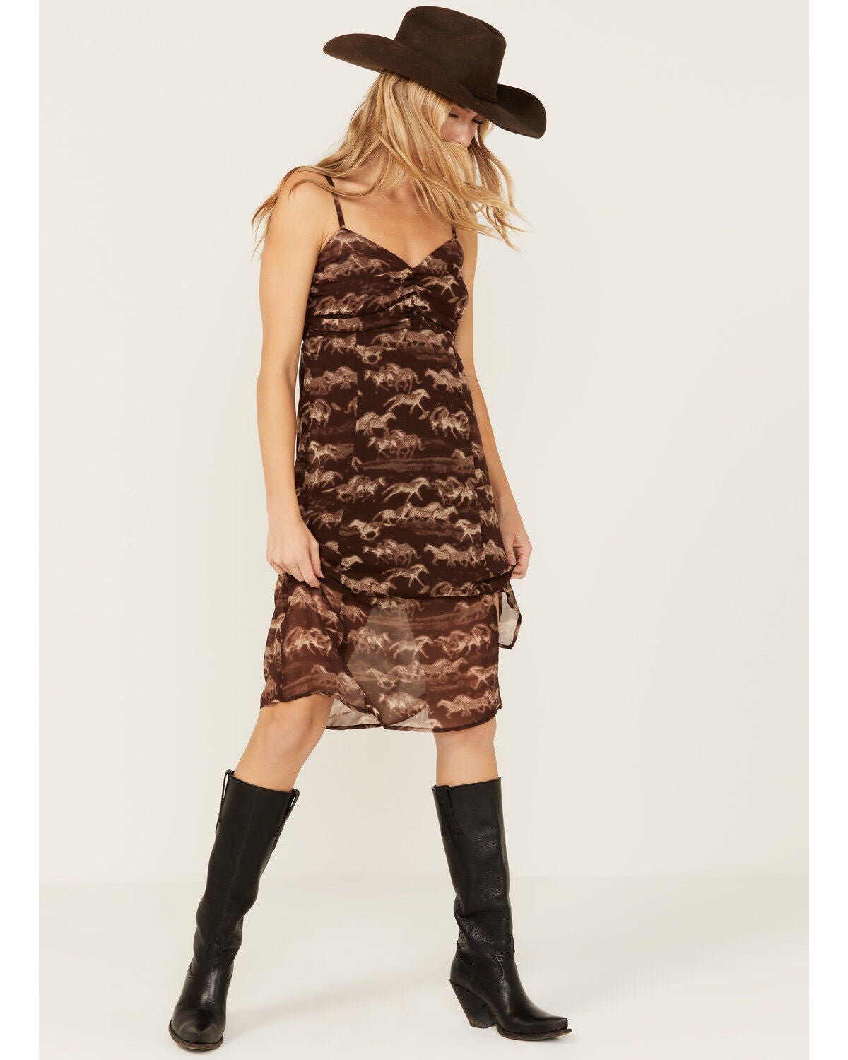 Shyanne Women's Printed Chiffon Sleeveless Slit Midi Dress, Dark Brown, hi-res