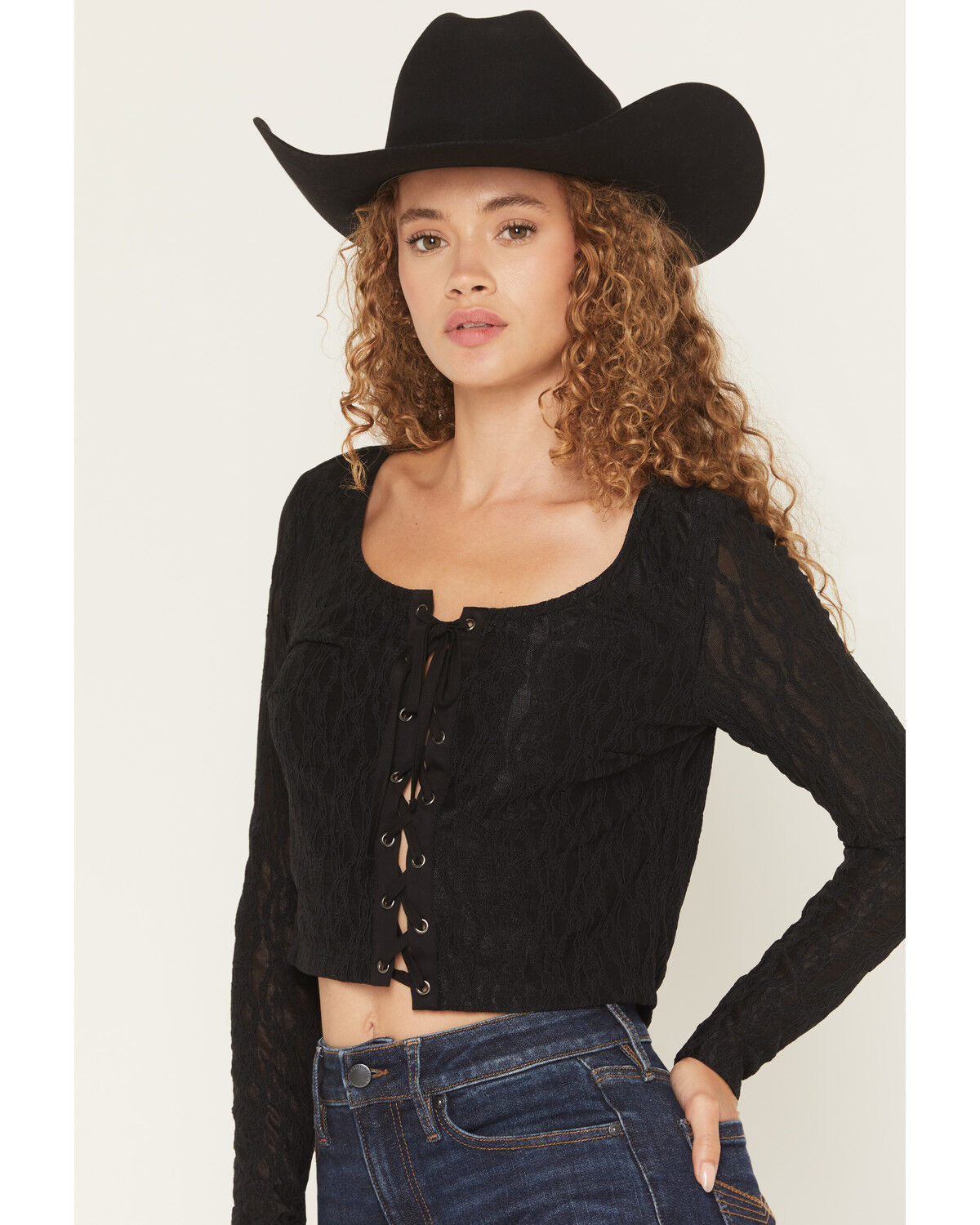 Image #2 - Idyllwind Women's Wind Song Lace Long Sleeve Lace-Up Shirt, Black, hi-res