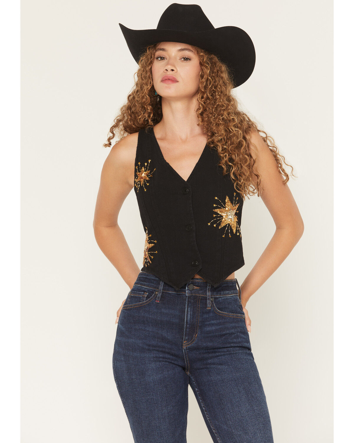Blue B Women's Star Sequins Denim Vest, Black, hi-res