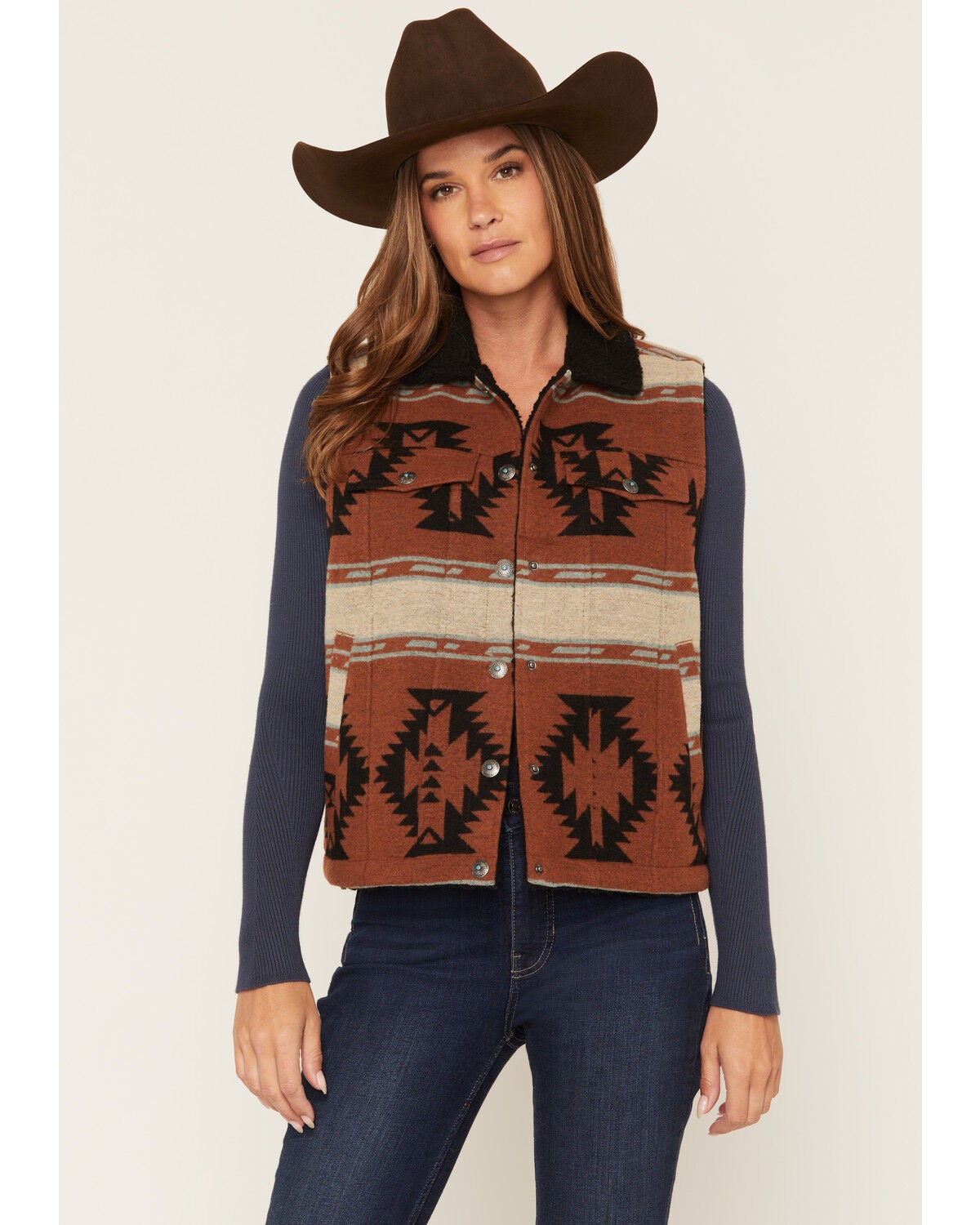Shyanne Women's Timberline Reversible Southwestern Print Sherpa Lined Blanket Vest, Saddle, hi-res