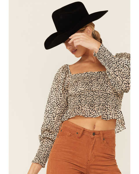 Lush Women's Long Sleeve Cheetah Smocked Crop Top, Cream, hi-res