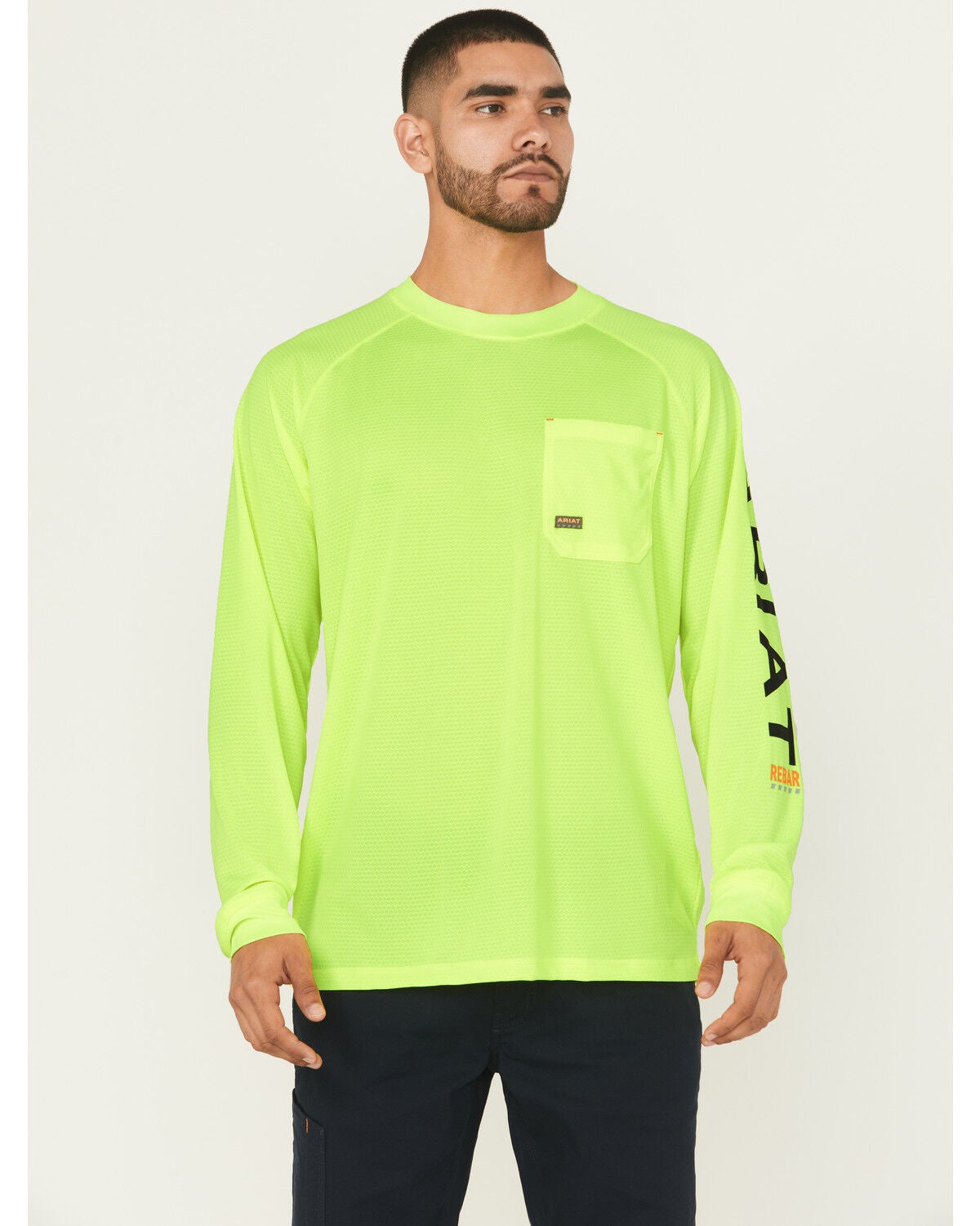 Ariat Men's Lime Rebar Heat Fighter Long Sleeve Work Pocket T-Shirt, Bright Green, hi-res