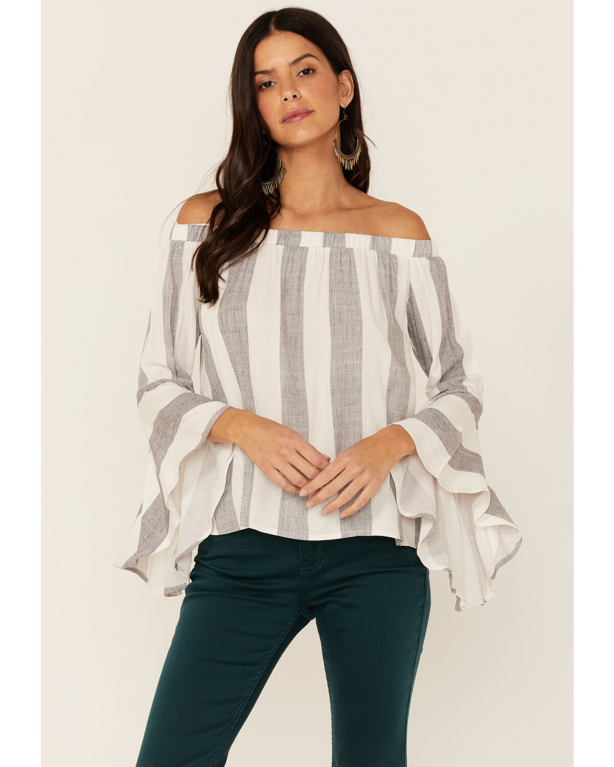 Image #1 - Shyanne Women's Gray Stripe Off The Shoulder Bell Sleeve Top, , hi-res