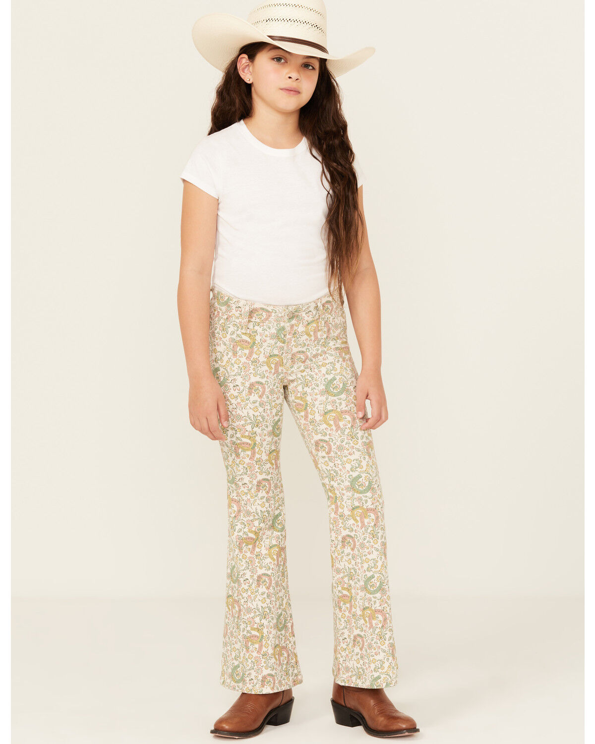 Image #1 - Rock & Roll Denim Girls' Floral Print Flare Stretch Denim Jeans, Beige, hi-res