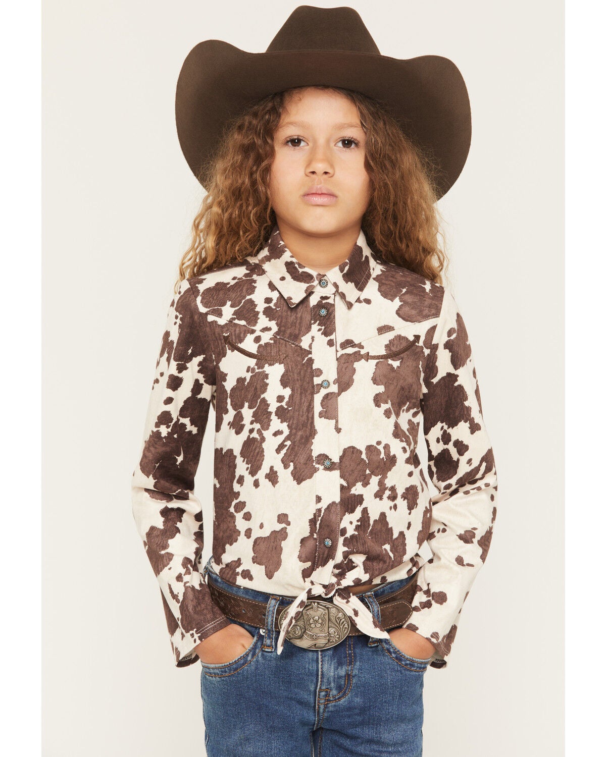 Shyanne Girls' Naomi Cow Print Long Sleeve Tie Western Shirt, Brown, hi-res