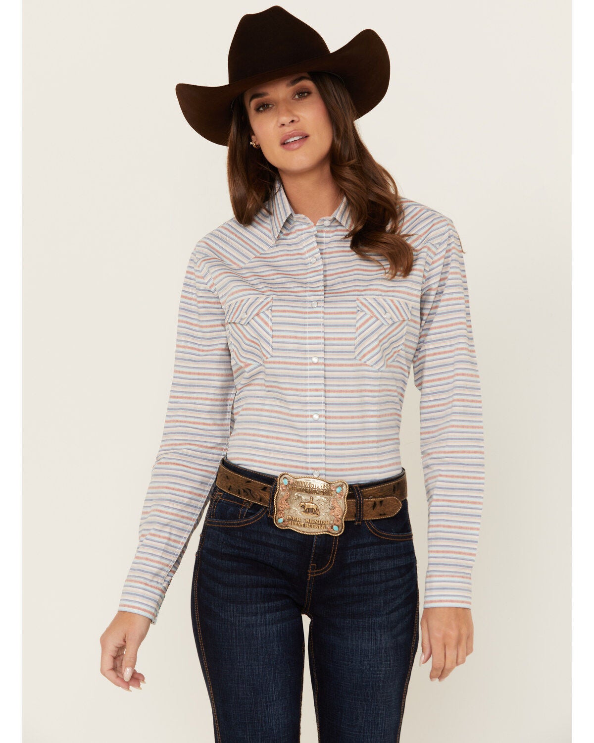 Rough Stock by Panhandle Women's Striped Long Sleeve Pearl Snap Western Shirt, Multi, hi-res