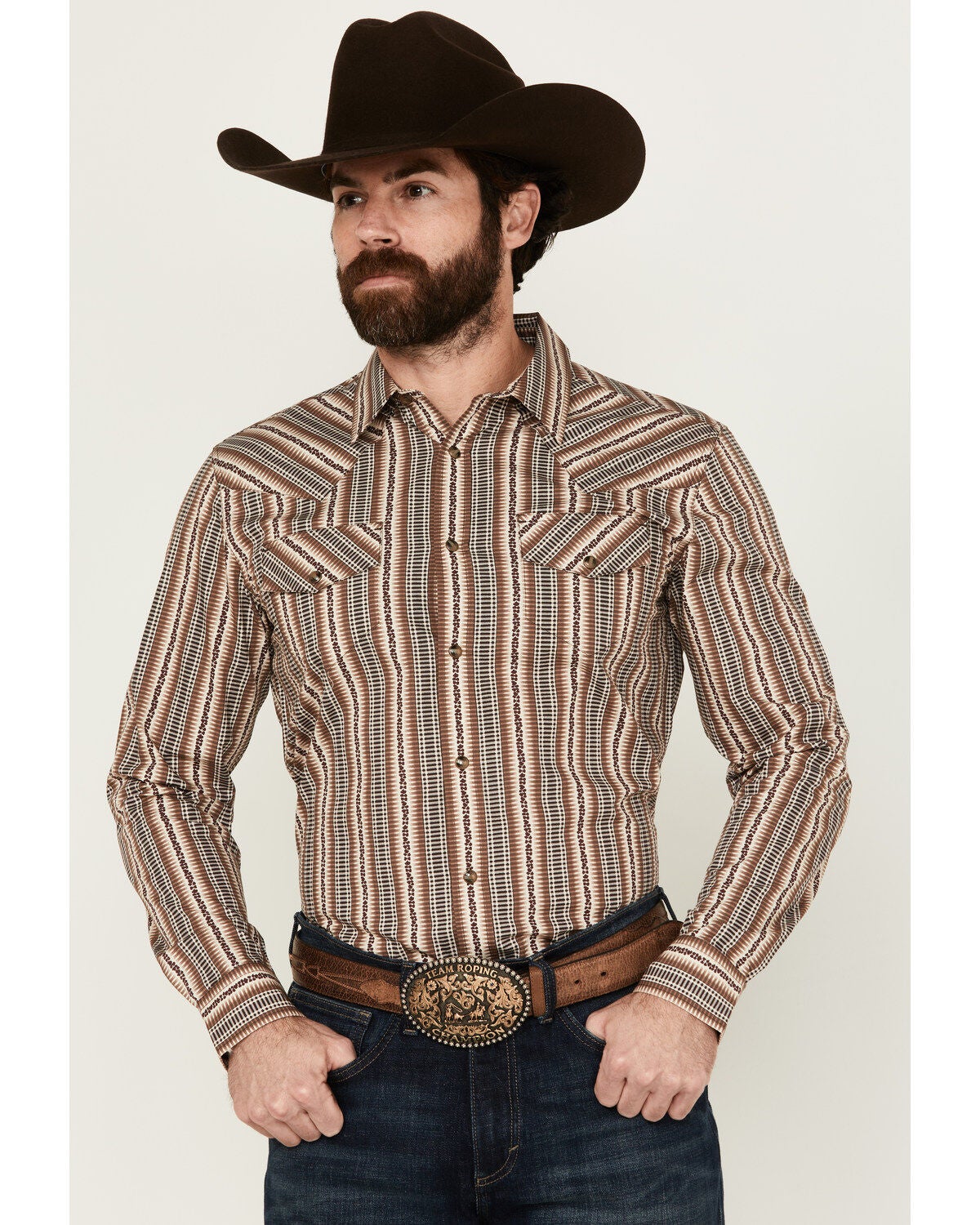 Gibson Men's Show Downer Floral Striped Long Sleeve Snap Western Shirt, Brown, hi-res