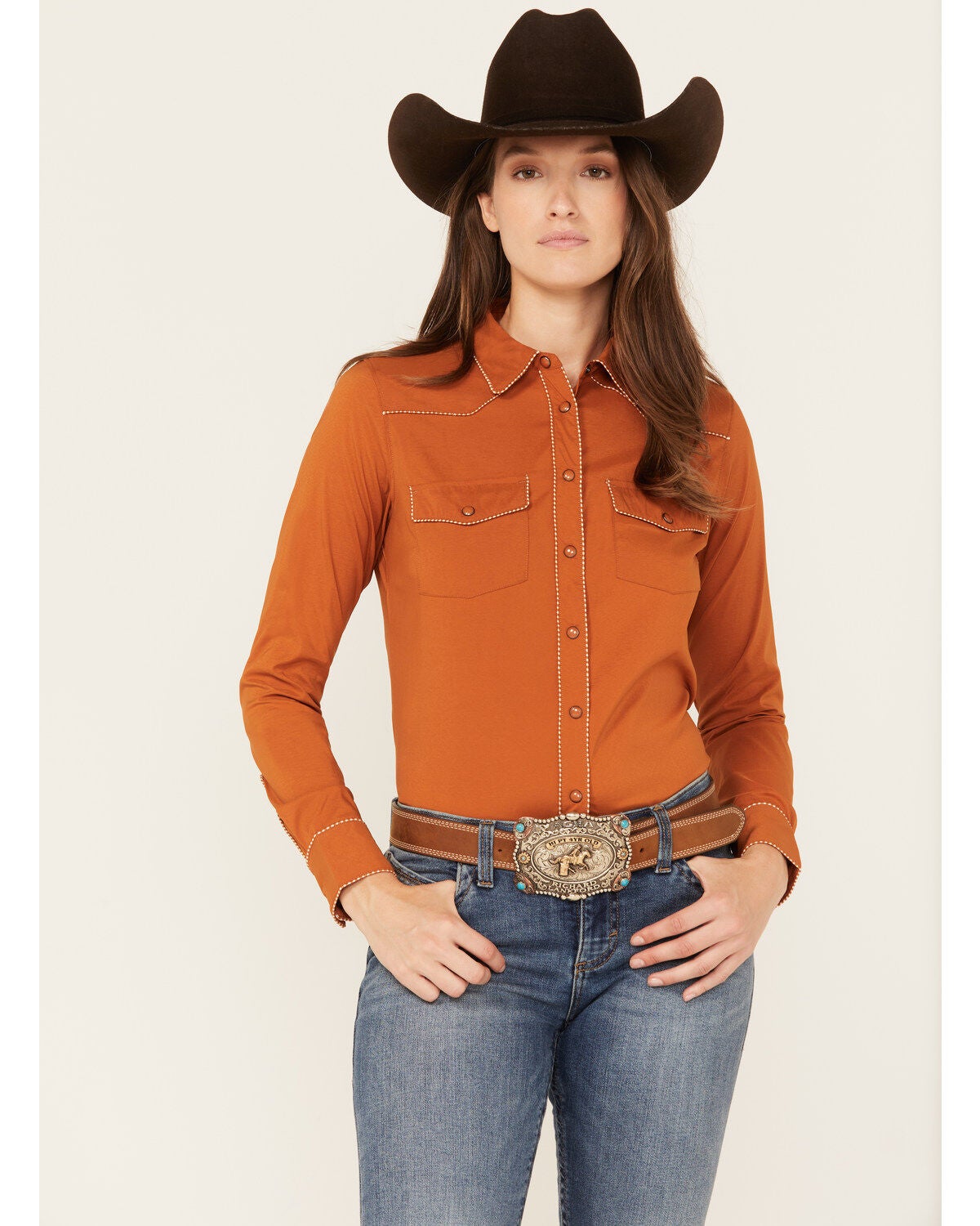 Shyanne Women's Long Sleeve Snap Vented Riding Shirt, Caramel, hi-res