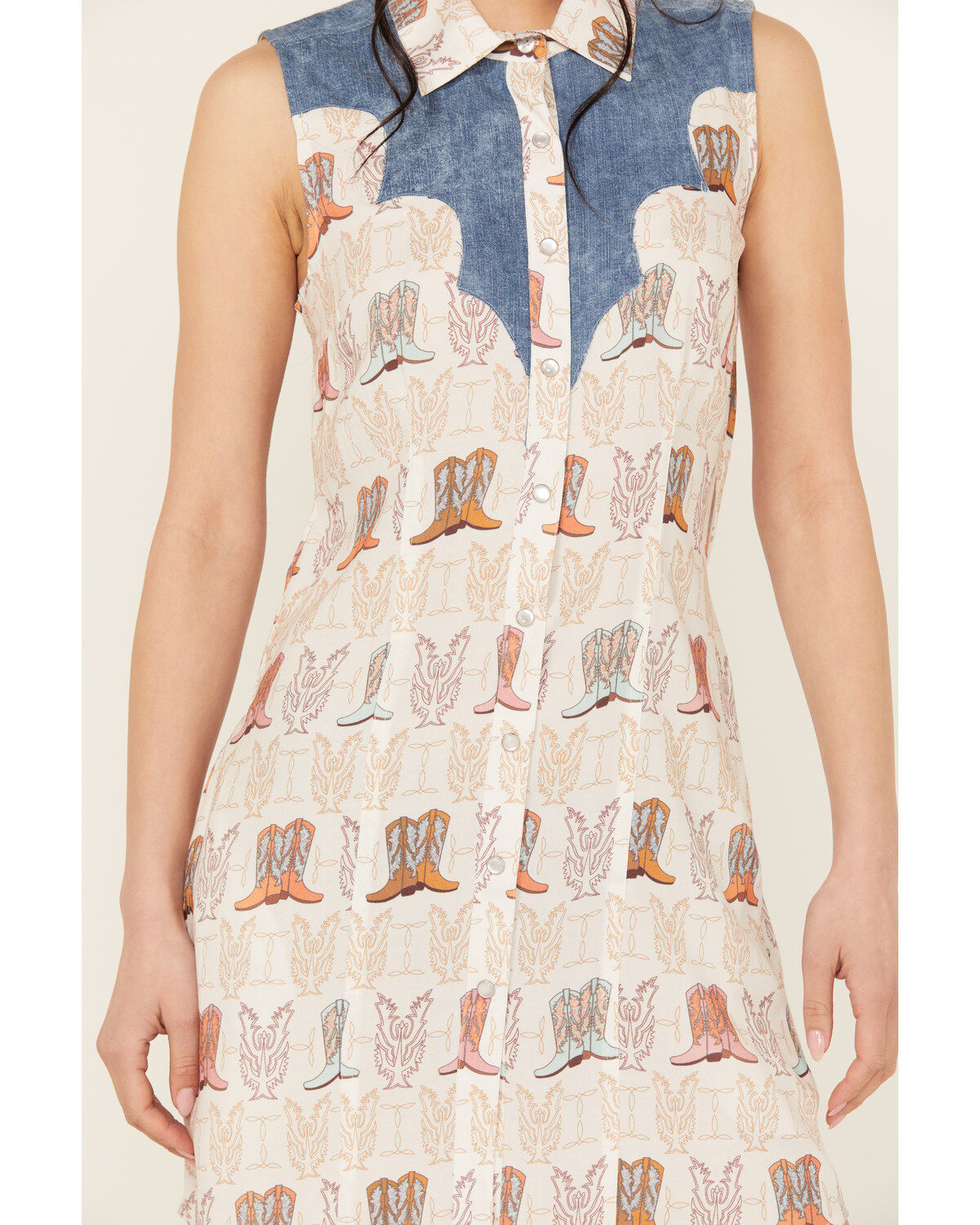 Image #3 - Panhandle Women's Boot Print Sleeveless Pearl Snap Mini Dress, Cream, hi-res