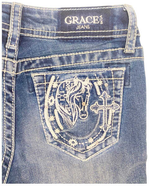Image #2 - Grace in LA Little Girls' Medium Wash Horseshoe Cross Bootcut Jeans , Medium Wash, hi-res