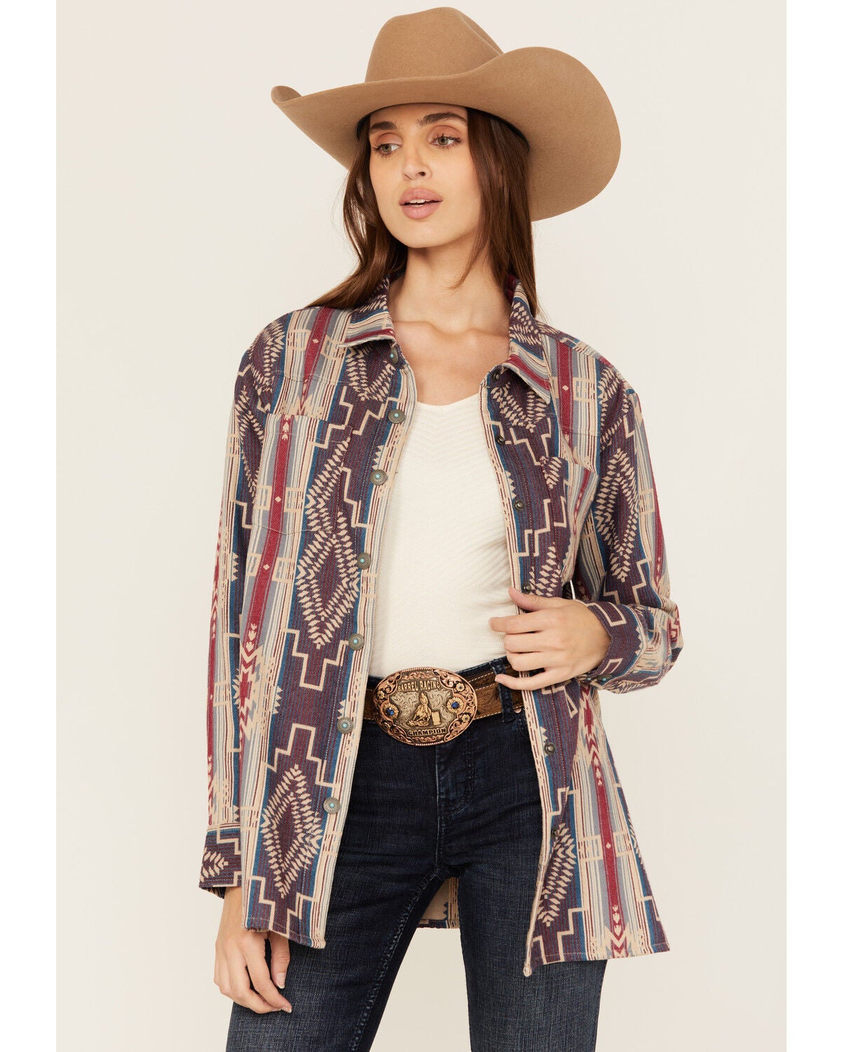 Shyanne Women's Southwestern Striped Long Sleeve Concho Snap Western Shirt, Fuchsia, hi-res