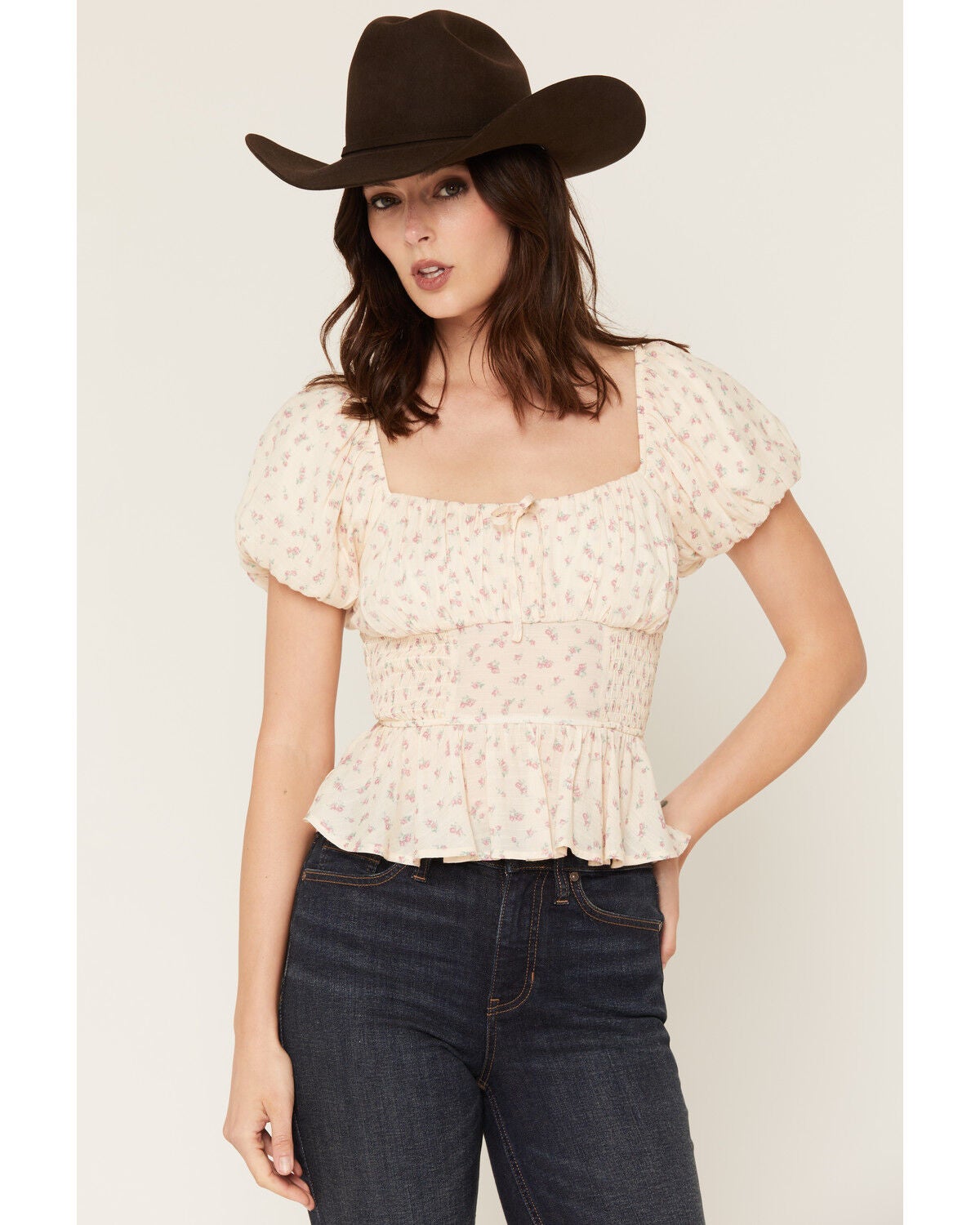Ash & Violet Women's Ditsy Floral Smocked Waist Top, Cream, hi-res
