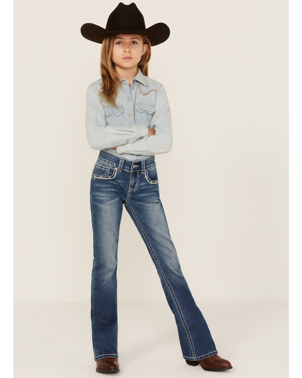 Image #1 - Shyanne Girls' Americana Horseshoe Pocket Stretch Bootcut Jeans, , hi-res