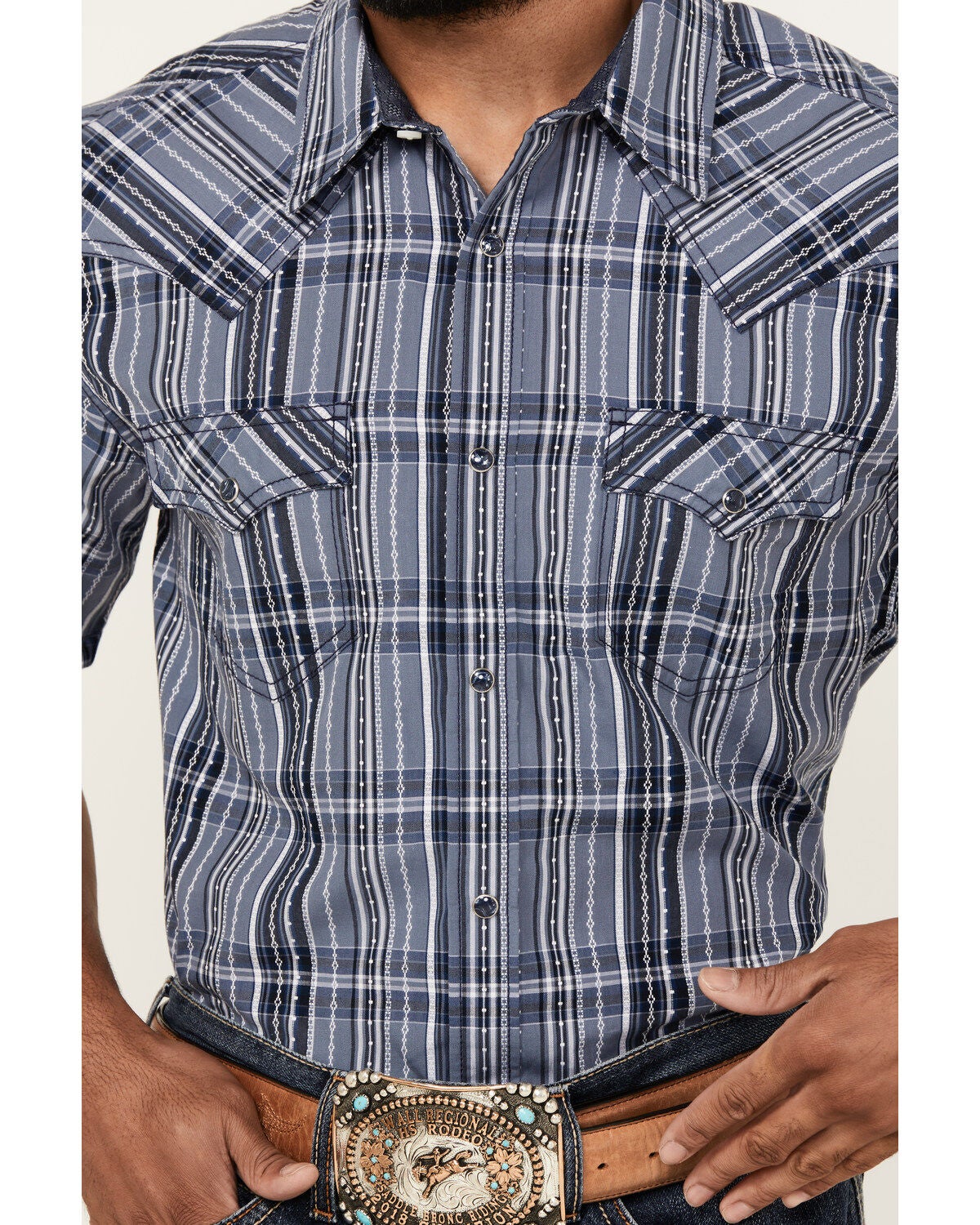 Image #3 - Cody James Men's Blue Lights Plaid Print Short Sleeve Snap Western Shirt, , hi-res