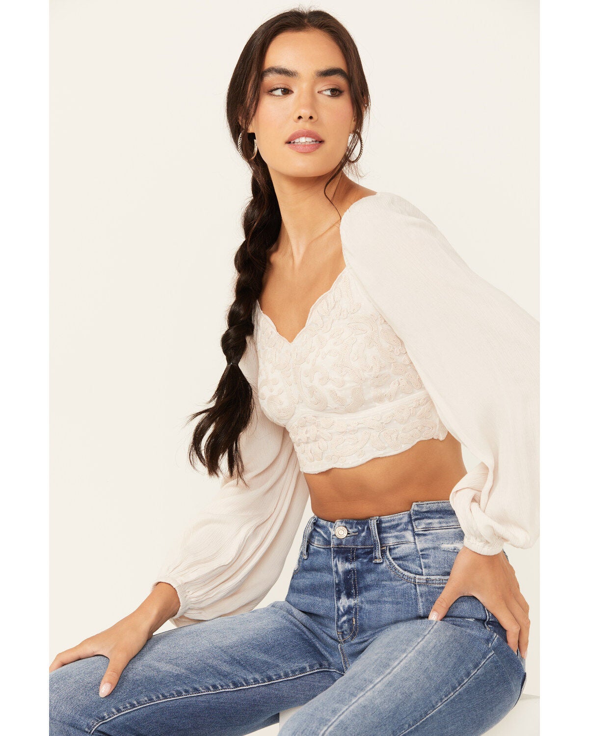 Shyanne Women's Embroidered Mesh Dot Poet Sleeve Crop Top, Sand, hi-res