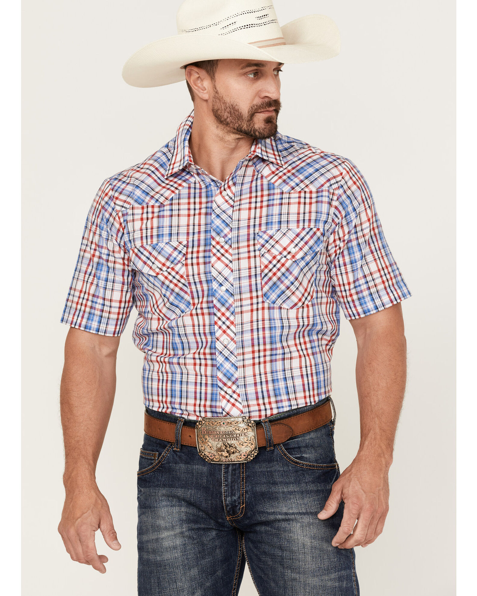 Roper Men s Red White Blue Large Plaid Short Sleeve Pearl Snap Western Shirt