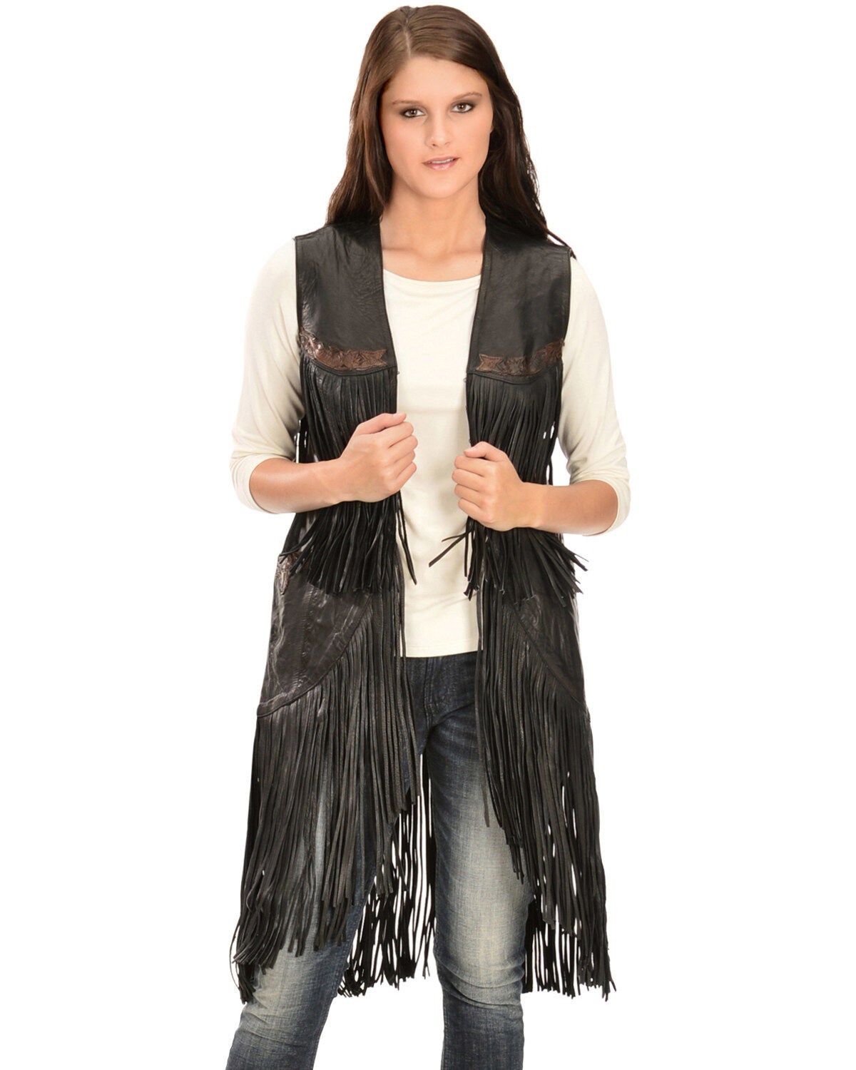 Kobler Leather Women's Ciqala Leather Fringe Vest, Black, hi-res
