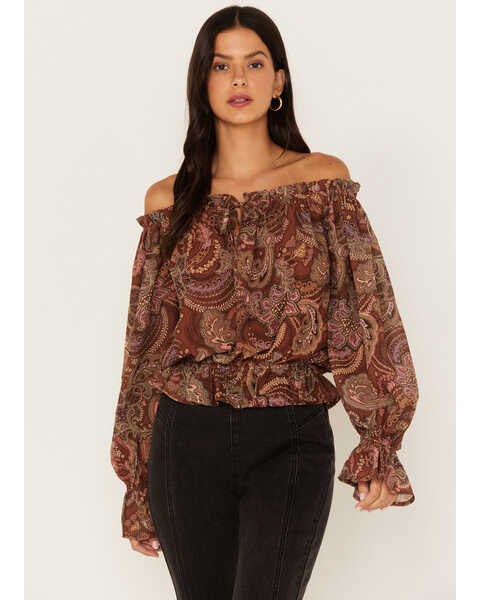 Image #1 - Flying Tomato Women's Paisley Print Off The Shoulder Top, Rust Copper, hi-res