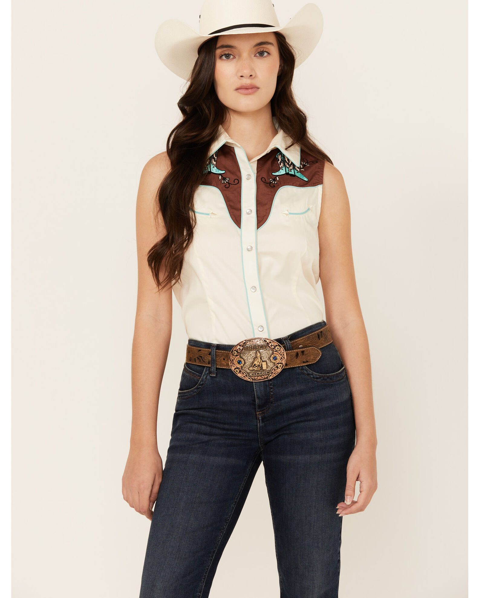 Panhandle Women s Retro Sleeveless Pearl Snap Western Shirt Boot Barn