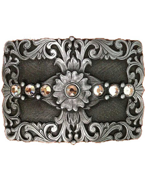 AndWest Women's Floral & Rhinestones Rectangle Belt Buckle, Silver, hi-res