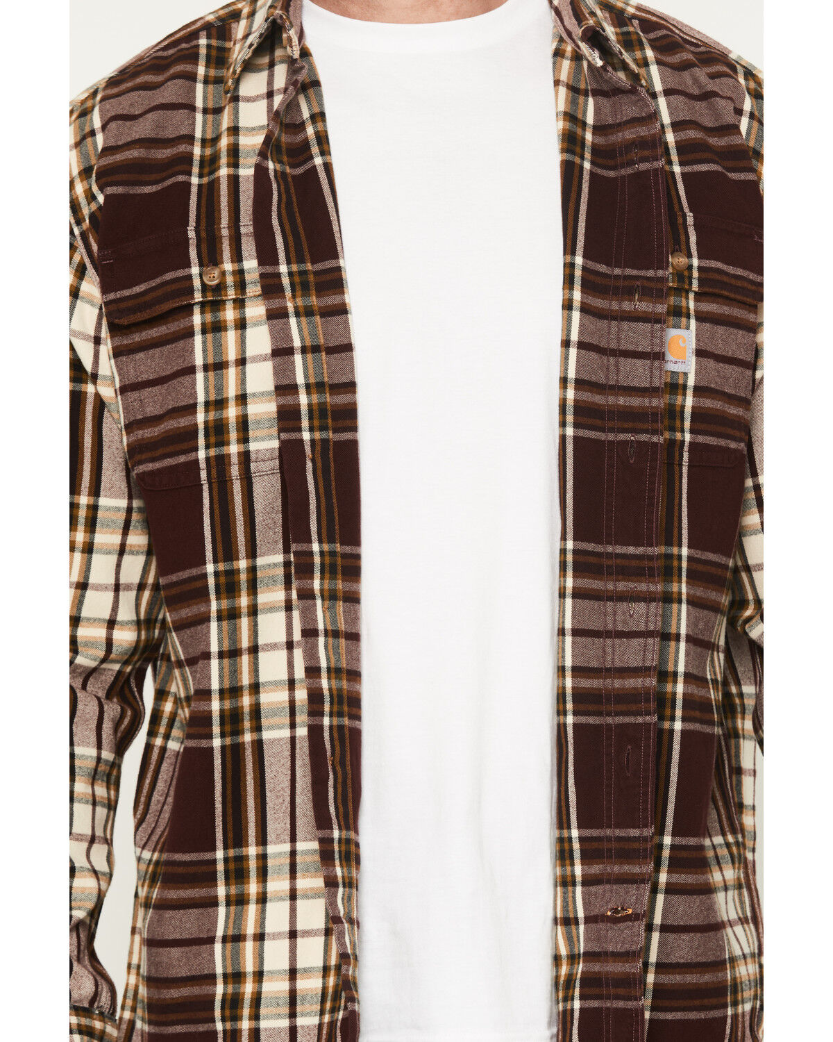 Image #3 - Carhartt Men's Heavyweight Plaid Print Long Sleeve Button-Down Flannel Shirt, Wine, hi-res