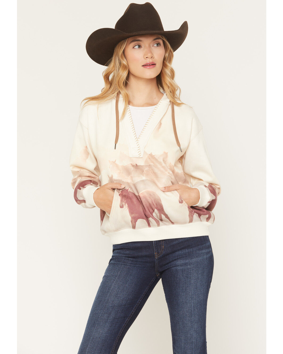 Shyanne Women's Running Horse Pullover Hoodie, Cream, hi-res