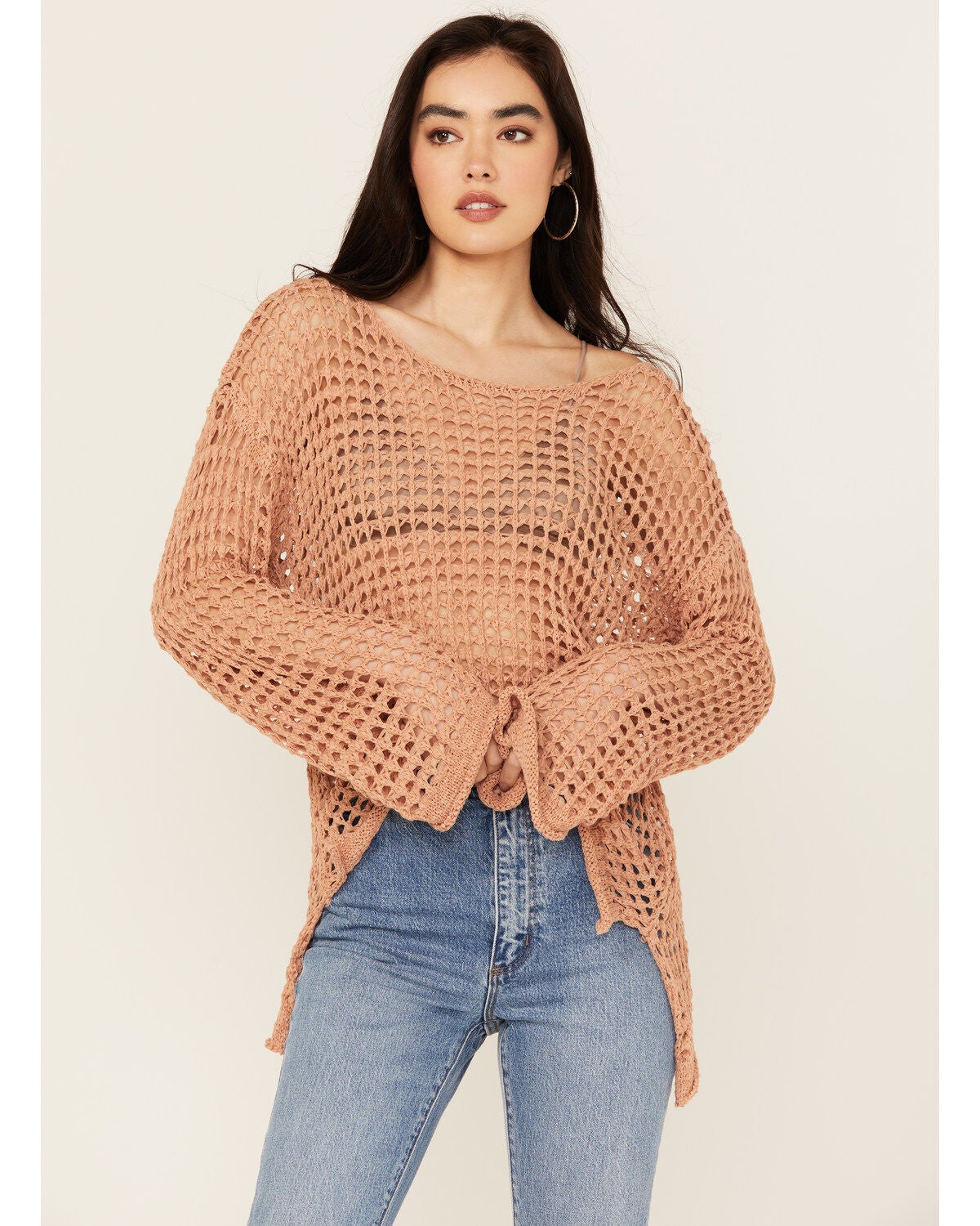 People of Leisure Women's Open Crochet Long Sleeve Sweater, Coral, hi-res