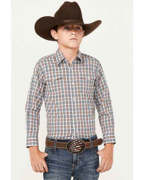 Wrangler Boys' Plaid Print Wrinkle Resistant Long Sleeve Pearl Snap Stretch Western Shirt, Brown, hi-res