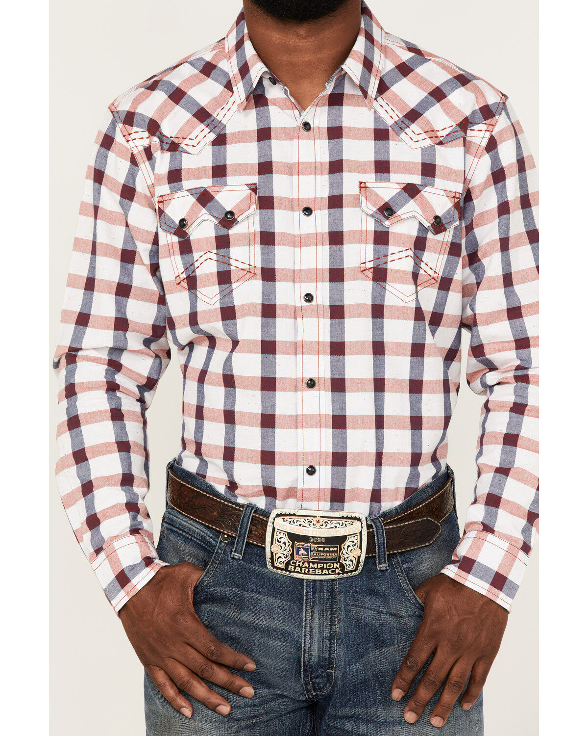 Image #3 - Cody James Men's Blue River Plaid Long Sleeve Snap Western Shirt, Cream, hi-res