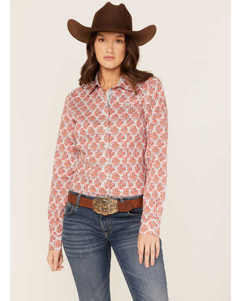 Cinch Women's Paisley Print Long Sleeve Button Down Core Shirt, Coral, hi-res
