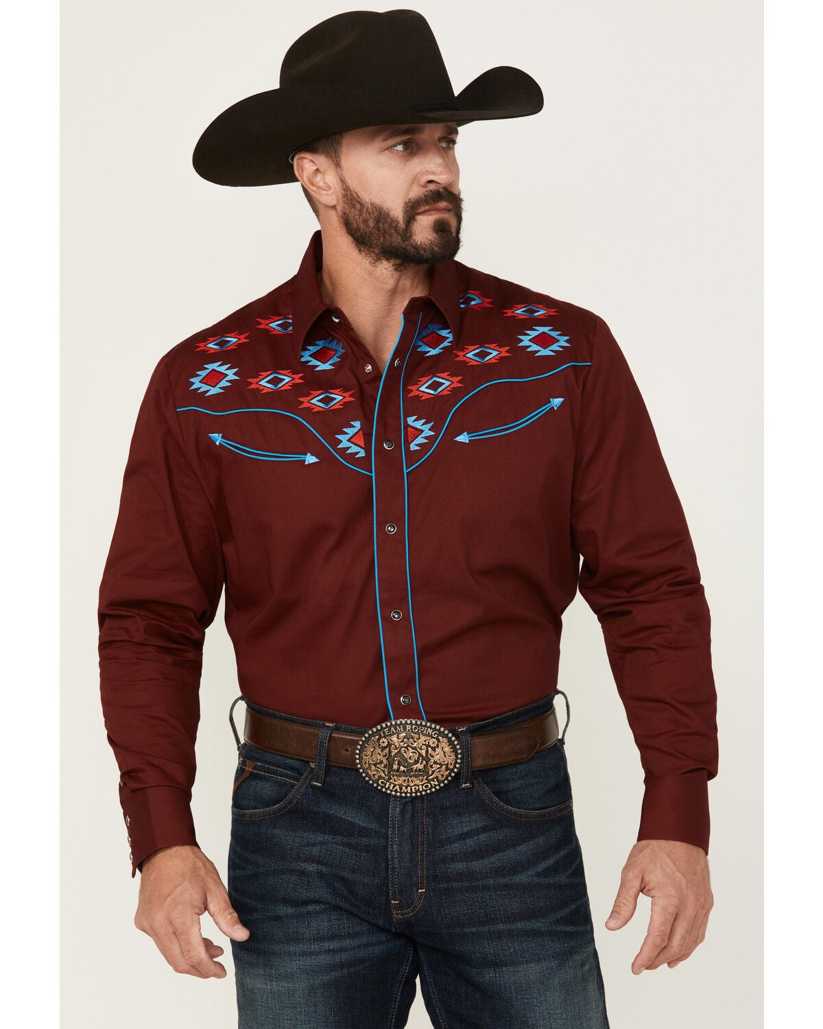 Rodeo Clothing Men's Embroidered Yoke Long Sleeve Snap Western Shirt, Burgundy, hi-res