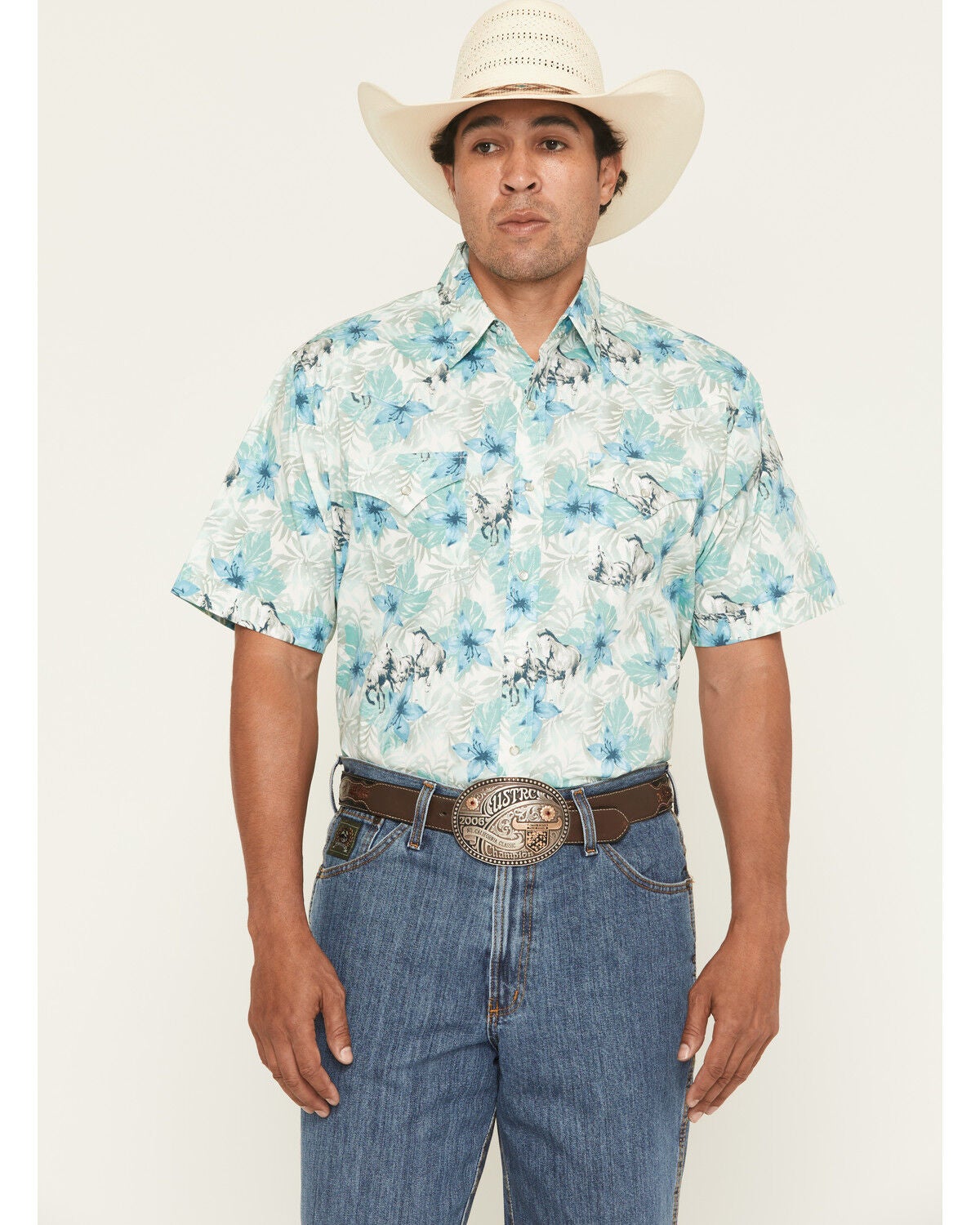 Ely Walker Men's Hawaiian Horse Print Short Sleeve Snap Western Shirt, Cream, hi-res