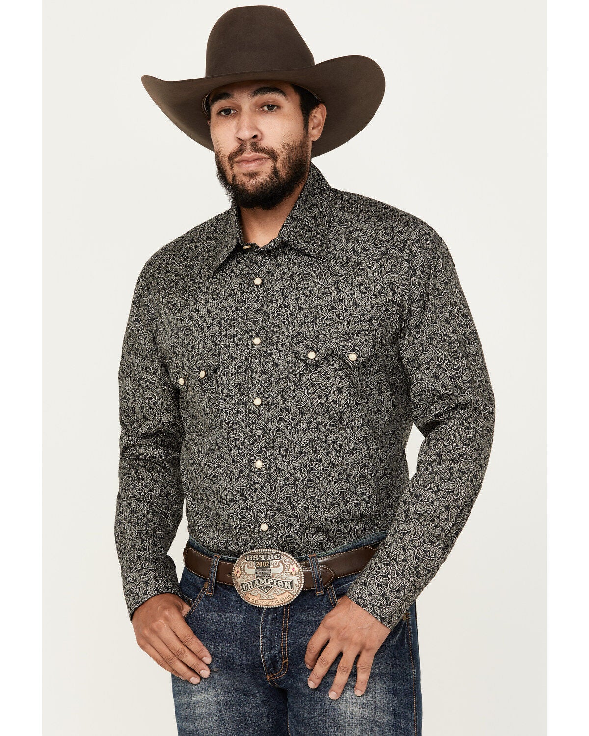 Rock & Roll Denim Men's Paisley Pinstripe Print Long Sleeve Snap Stretch Western Shirt, Black, hi-res