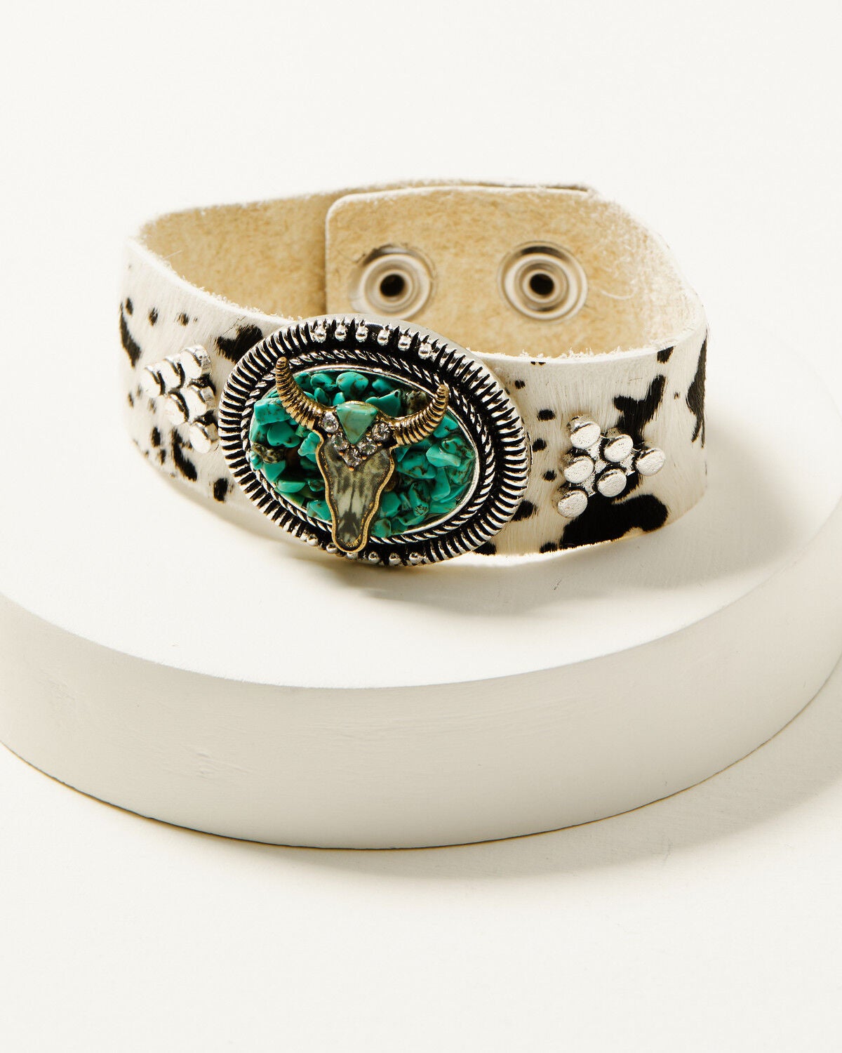 Image #1 - Shyanne Women's Steer Head and Turquoise Chip Genuine Leather Cuff, Turquoise, hi-res