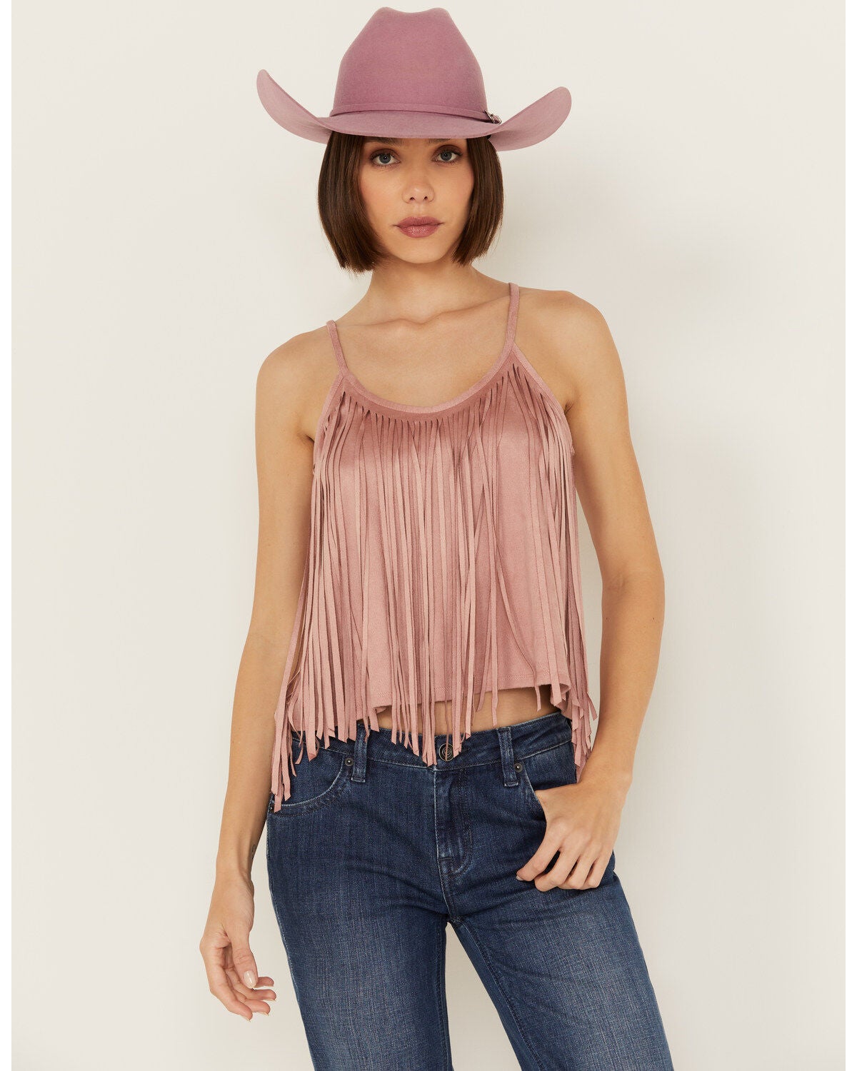 Rock & Roll Denim Women's Fringe Suede Sleeveless Tank Top, Tan, hi-res