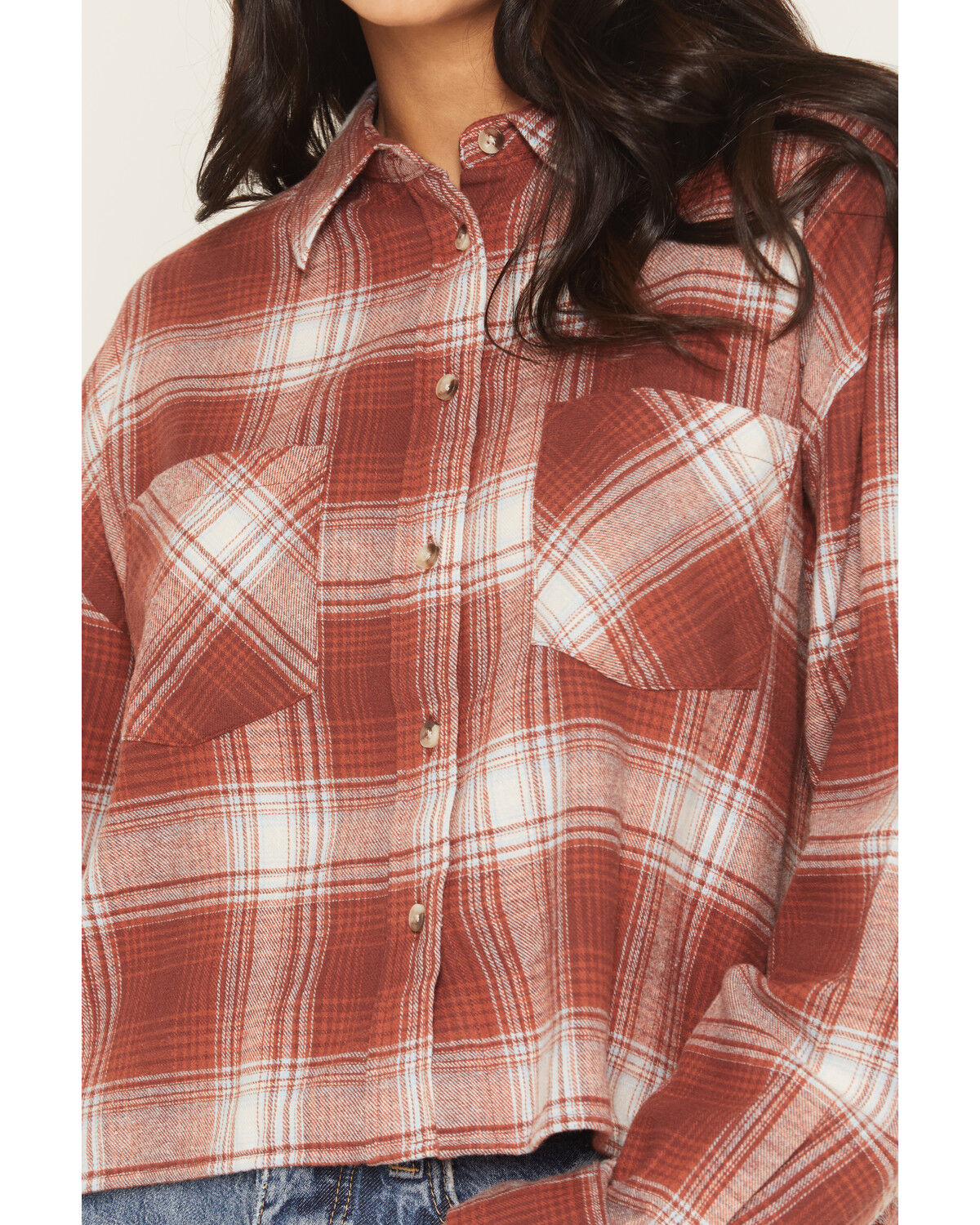 Image #3 - Ely Walker Women's Boot Barn Exclusive Plaid Print Long Sleeve Button-Down Cropped Flannel Shirt, Burgundy, hi-res