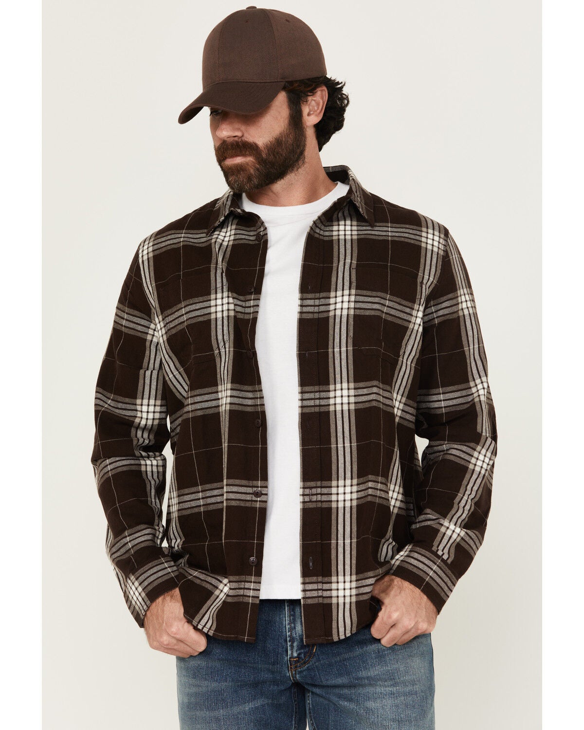 Brothers and Sons Men's Hatch Plaid Print Long Sleeve Button-Down Stretch Western Shirt, Brown, hi-res