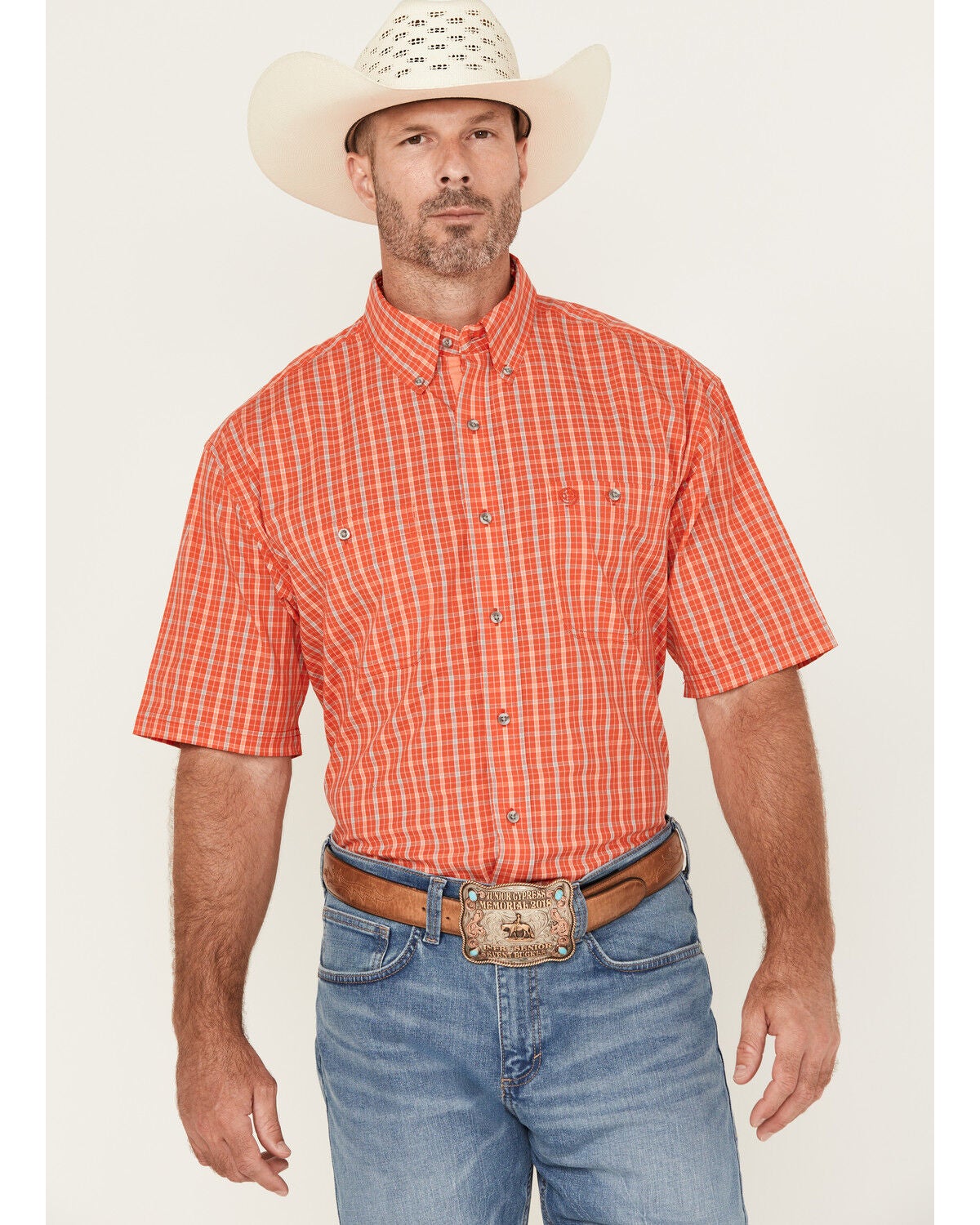 George Strait by Wrangler Men's Plaid Print Short Sleeve Button-Down Stretch Western Shirt, Red, hi-res