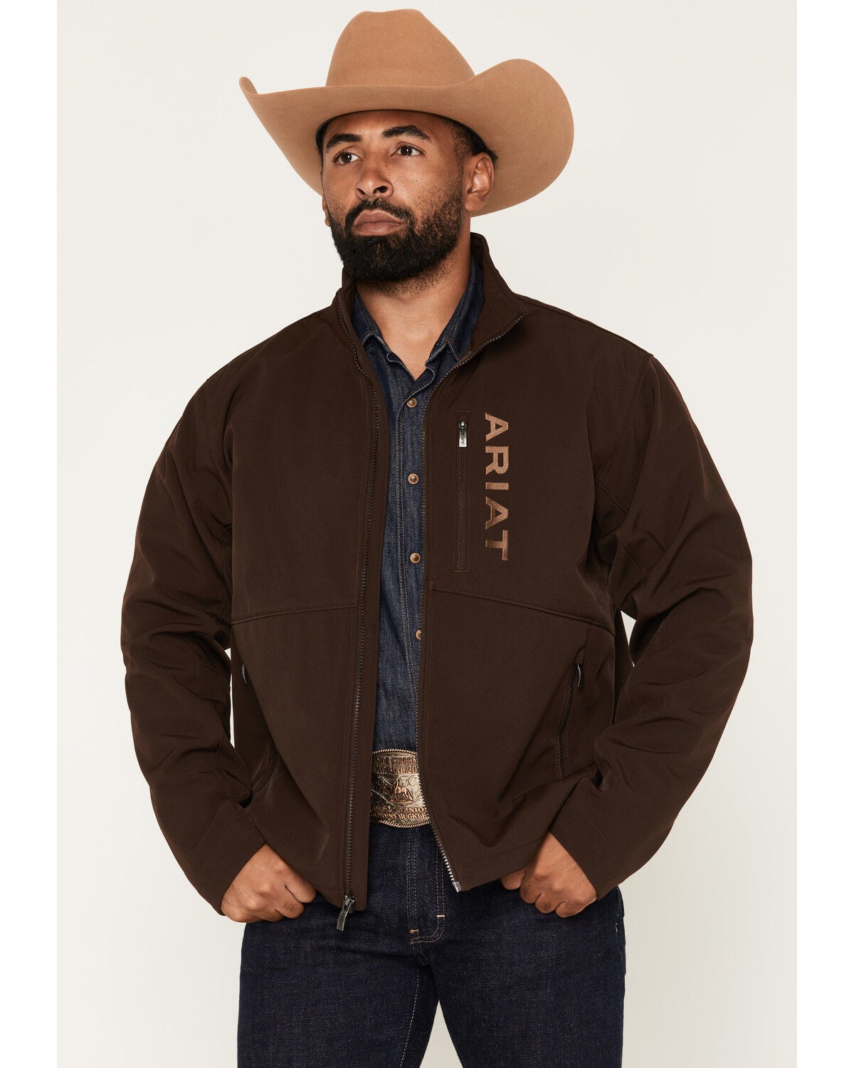 Image #1 - Ariat Men's Chest Logo Softshell Jacket - Tall, Chocolate, hi-res