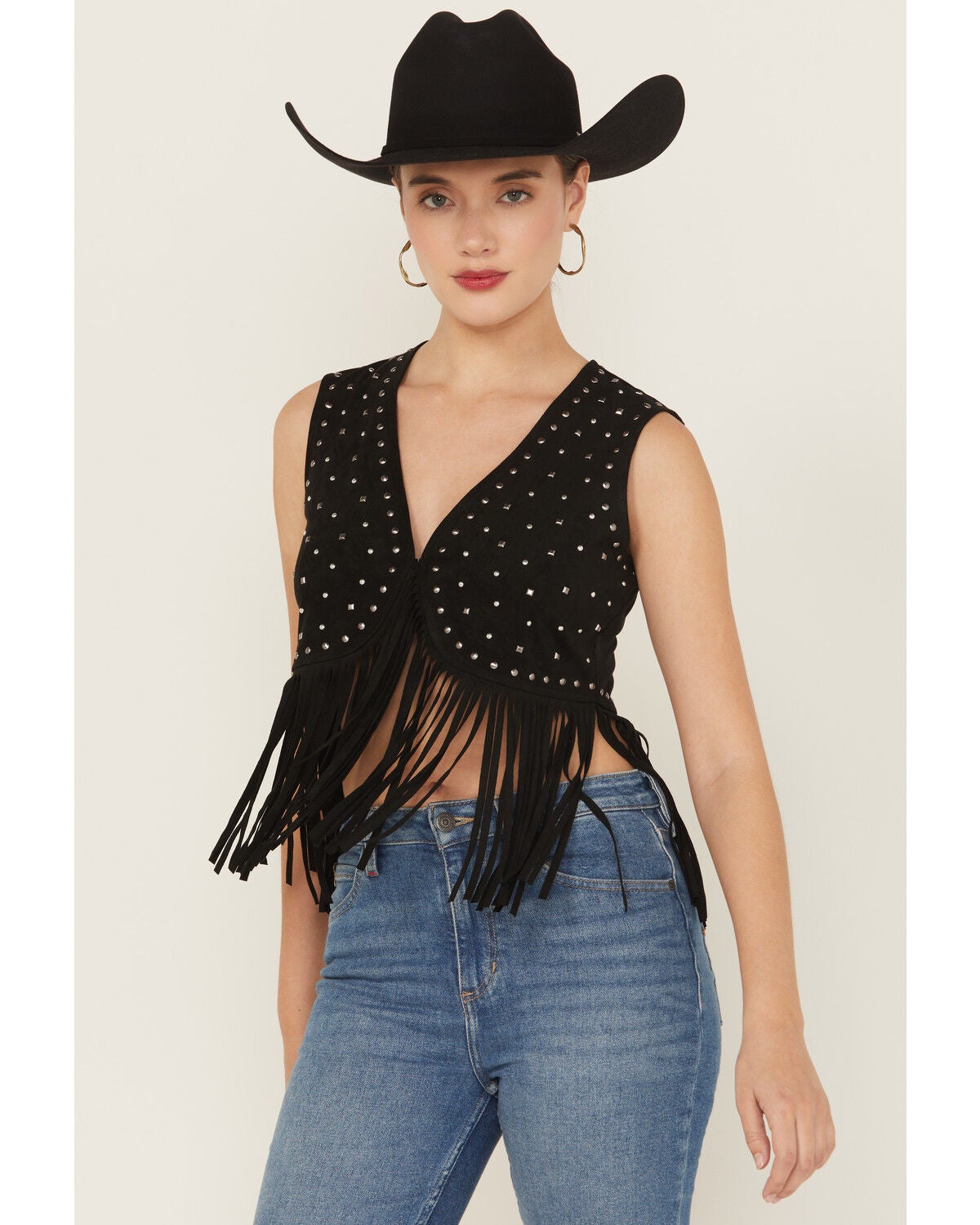 Idyllwind Women's Embellished Faux Suede Cropped Fringe Vest, Black, hi-res