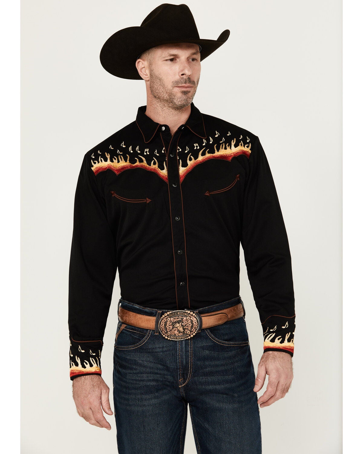 Scully Men's Music Note Flame Embroidered Long Sleeve Snap Western Shirt, Black, hi-res