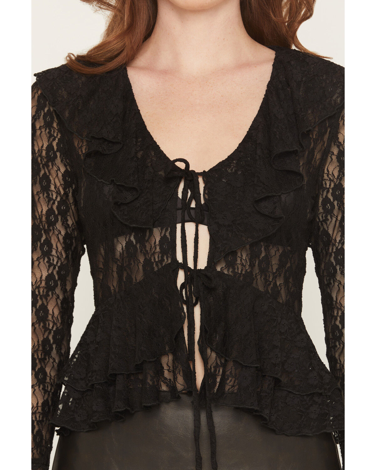 Image #3 - Ash  & Violet Women's Lace Long Sleeve Tie-Front Top, Black, hi-res