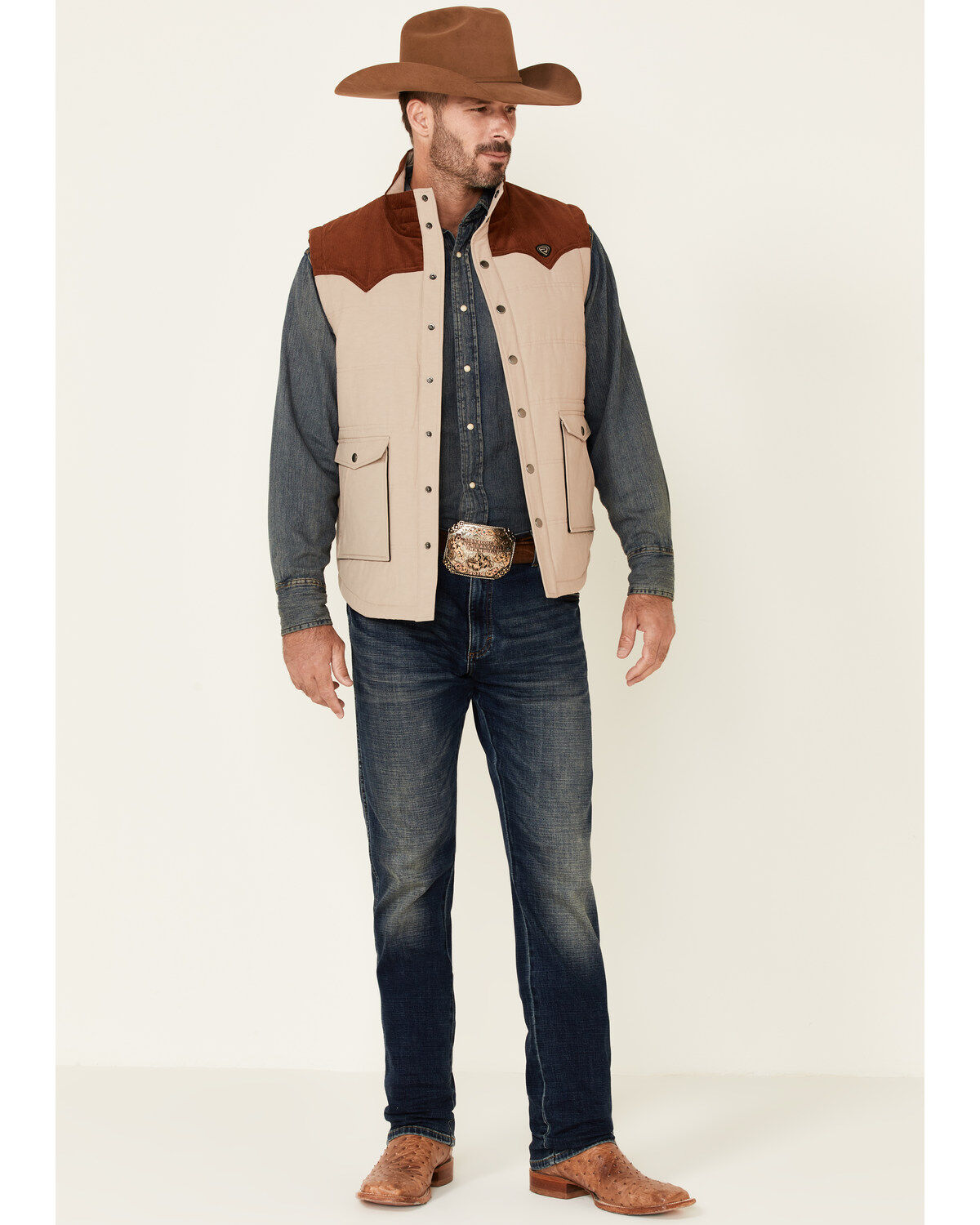 Image #2 - Rock & Roll Denim Men's Color-Block Quilted Poly-Fill Snap-Front Vest, Tan, hi-res