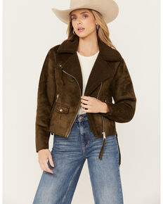 Cleo + Wolf Women's Faux Suede Moto Jacket, Olive, hi-res