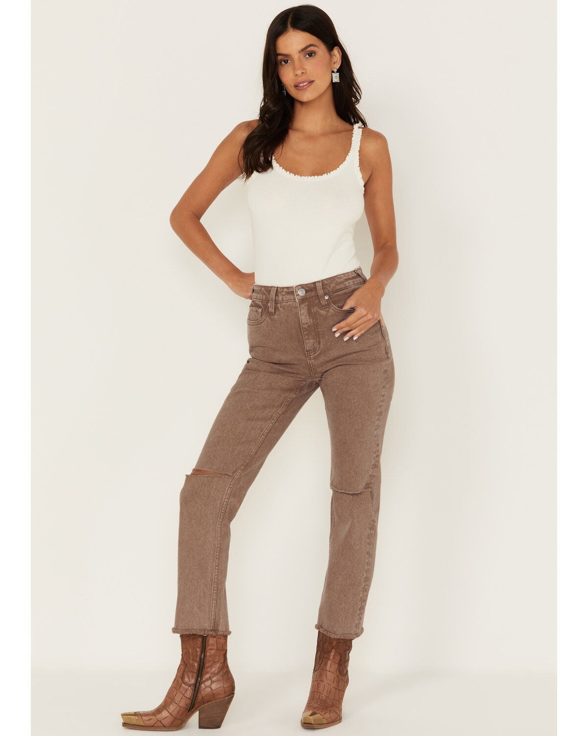 Cleo + Wolf Women's High Rise Ankle Straight Jeans, Taupe, hi-res