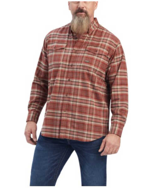 Ariat Men's Rebar Plaid DuraStretch Button Down Flannel Work Shirt , Burgundy, hi-res