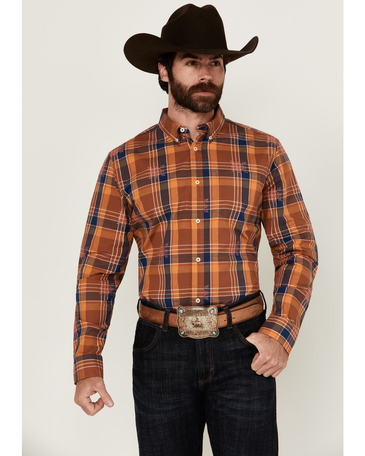 Cody James Men's Dobby Plaid Print Long Sleeve Button-Down Stretch Western Shirt, Blue, hi-res